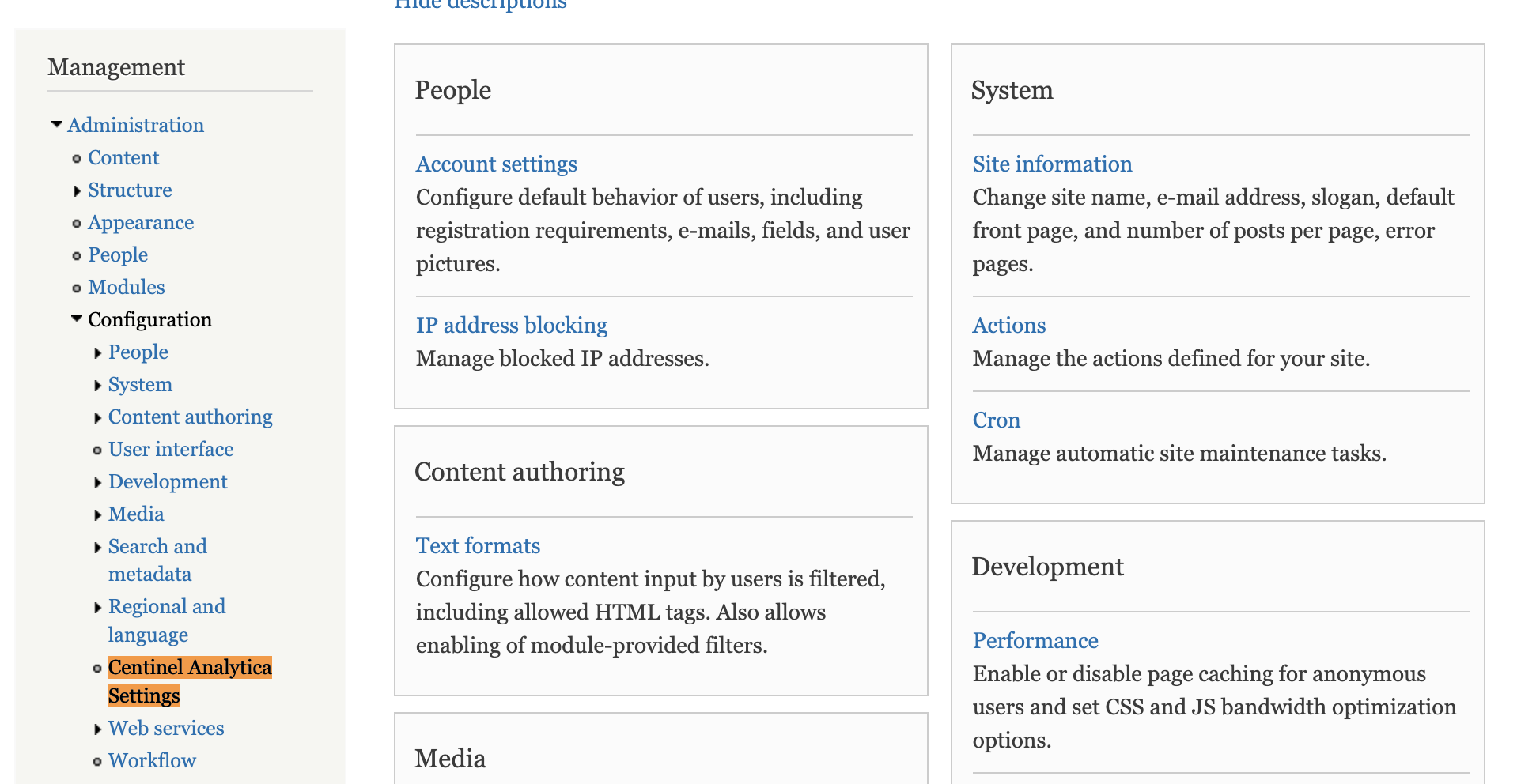 Centinel Analytica Settings