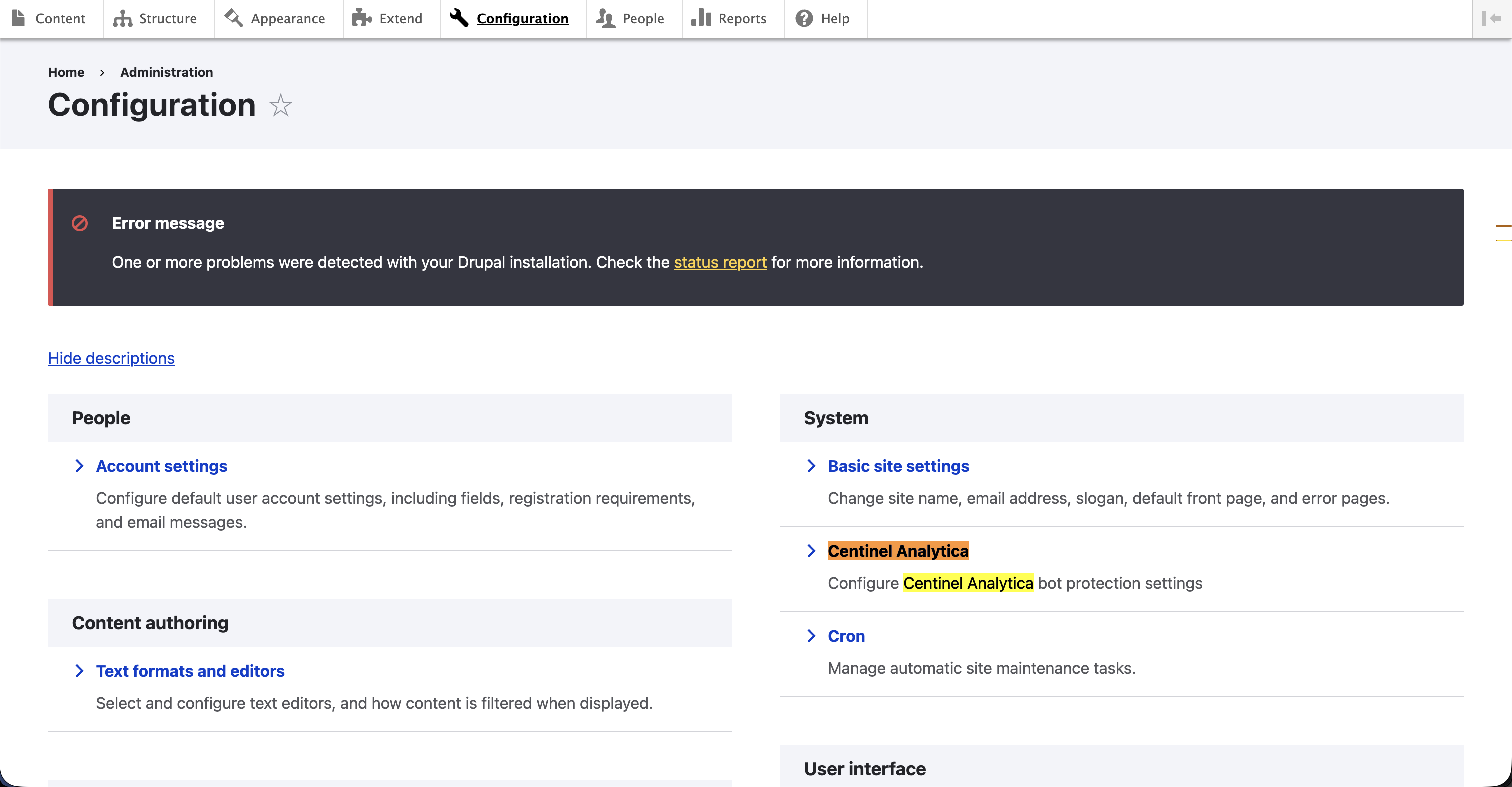 Centinel Analytica Settings